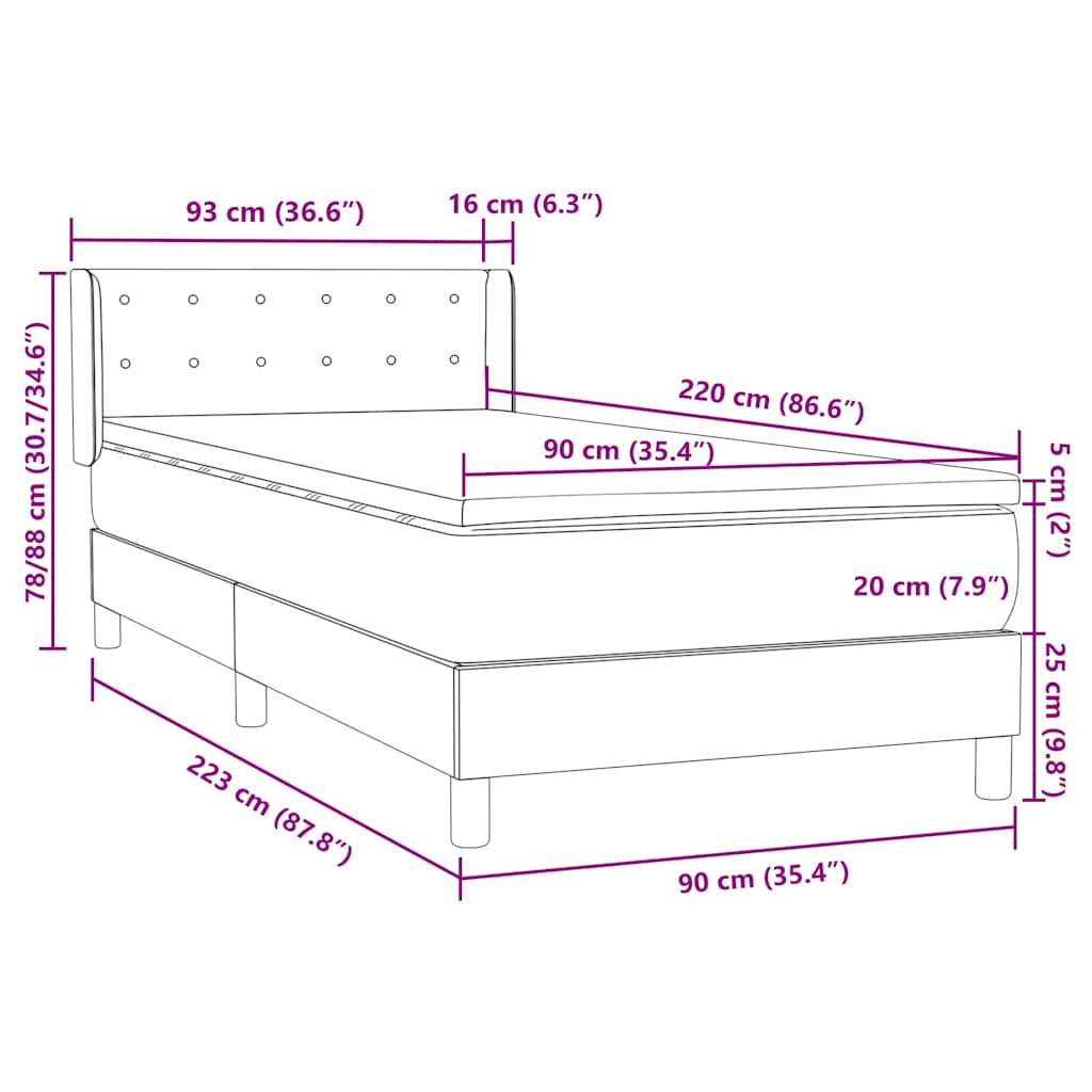 Box spring krevet s madracem tamnosivi 90x220 cm baršunasti