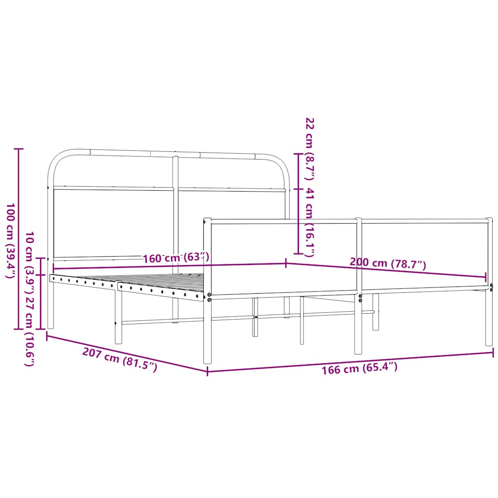 Metalni okvir kreveta bez madraca smeđa boja hrasta 160x200 cm
