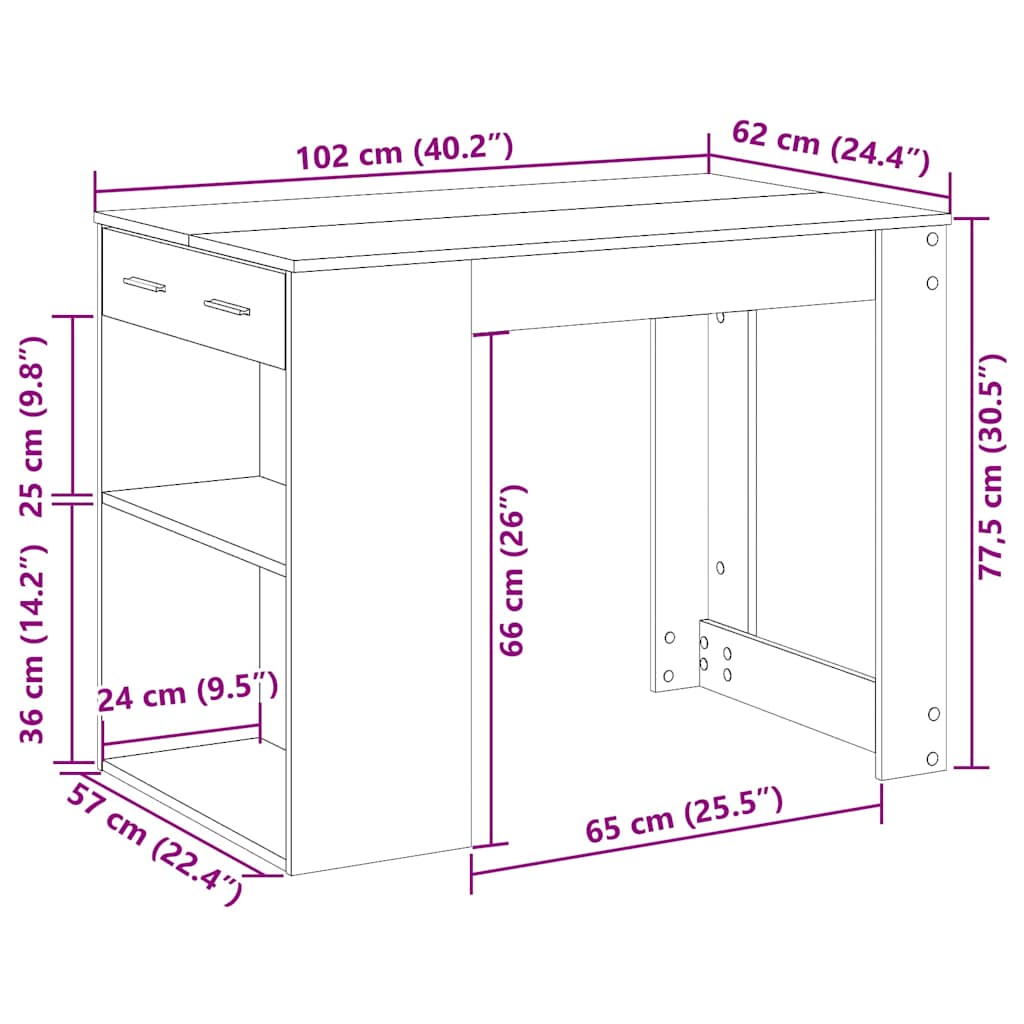 Radni stol s ladicom i policom dimljeni hrast 102x62x77,5 cm