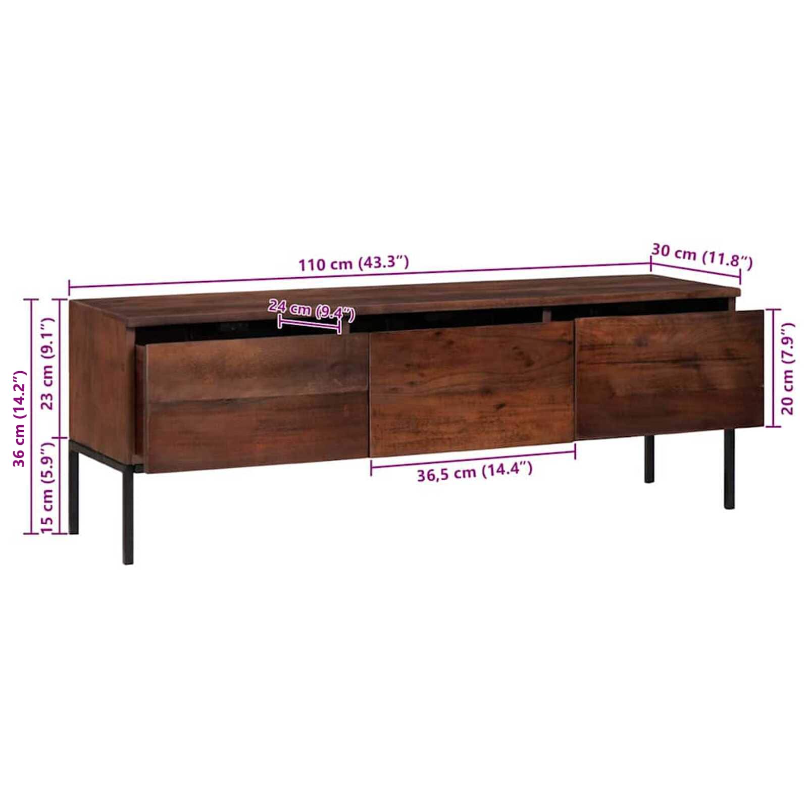 TV ormar boja meda 110 x 30 x 36 cm Masivno bagremovo drvo