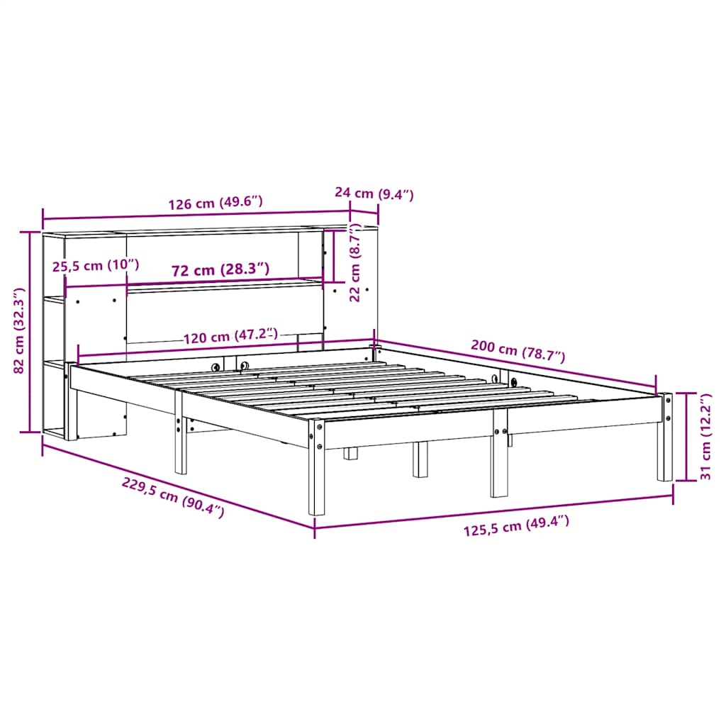 Krevet s regalom z knjige bez madraca bijeli 120x200cm borovina