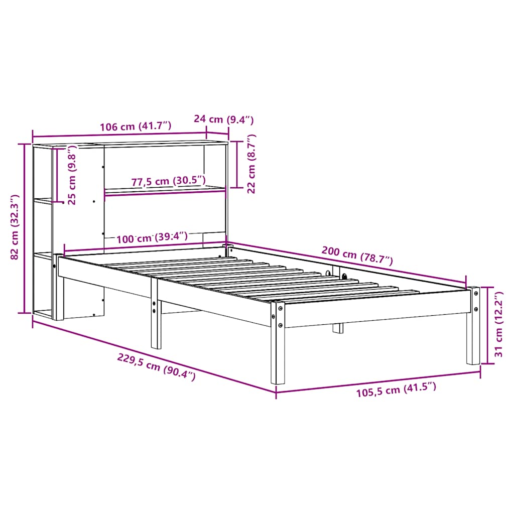 Krevet s regalom za knjige bez madraca 100 x 200 cm od borovine