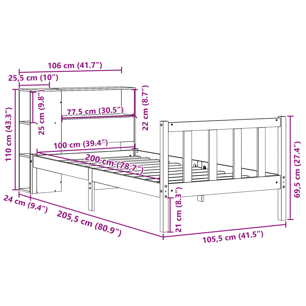 Krevet s regalom za knjige bez madraca 100 x 200 cm od borovine