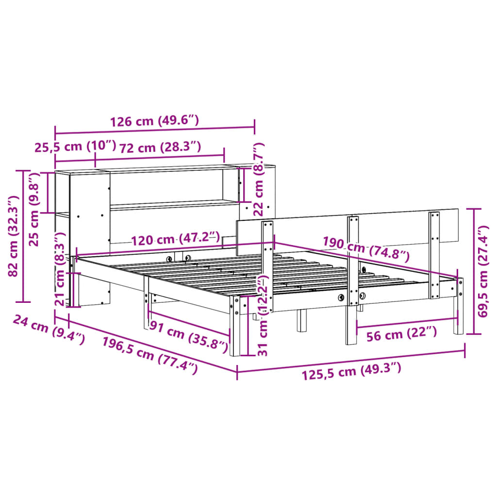 Krevet s regalom z knjige bez madraca bijeli 120x190cm borovina