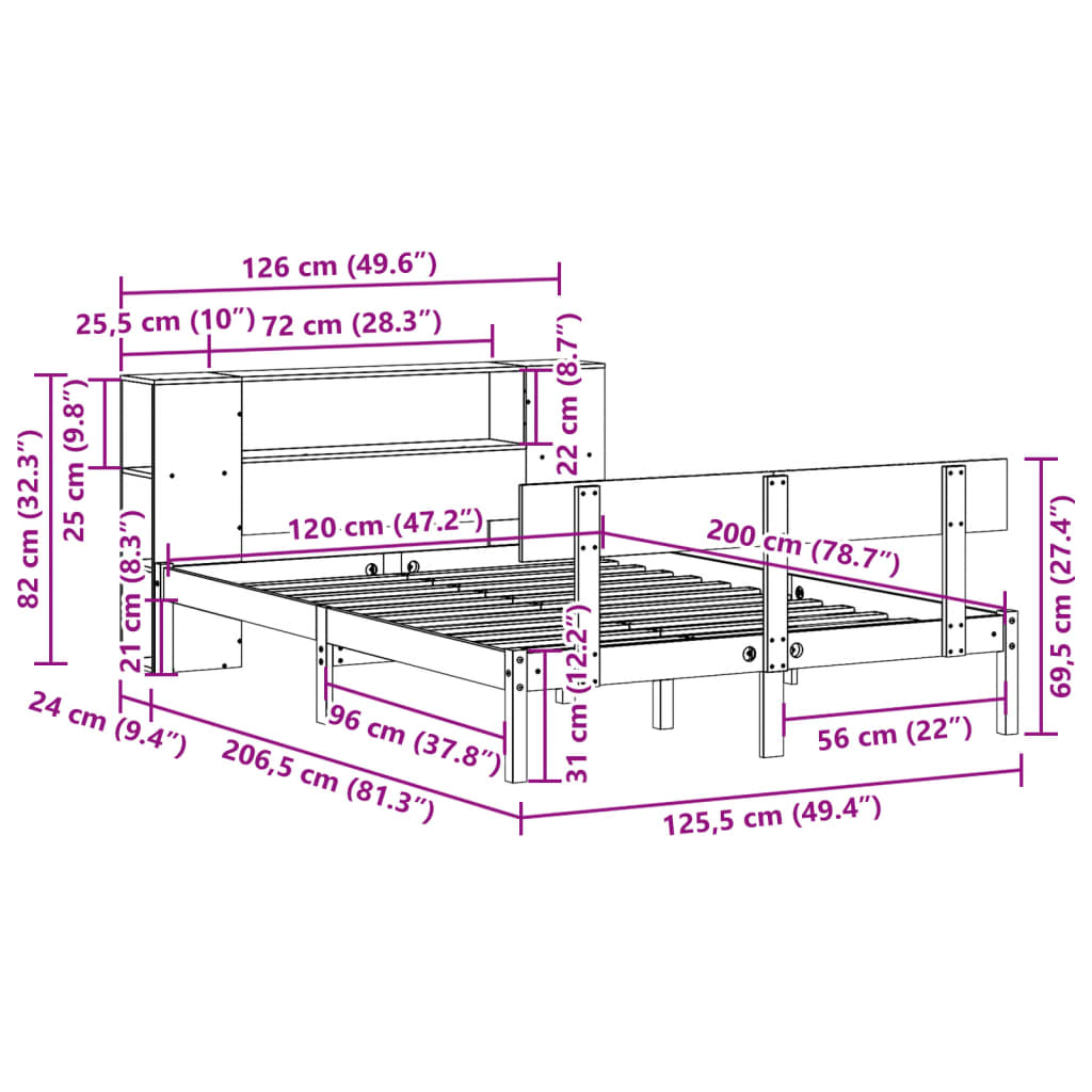 Krevet s regalom z knjige bez madraca bijeli 120x200cm borovina