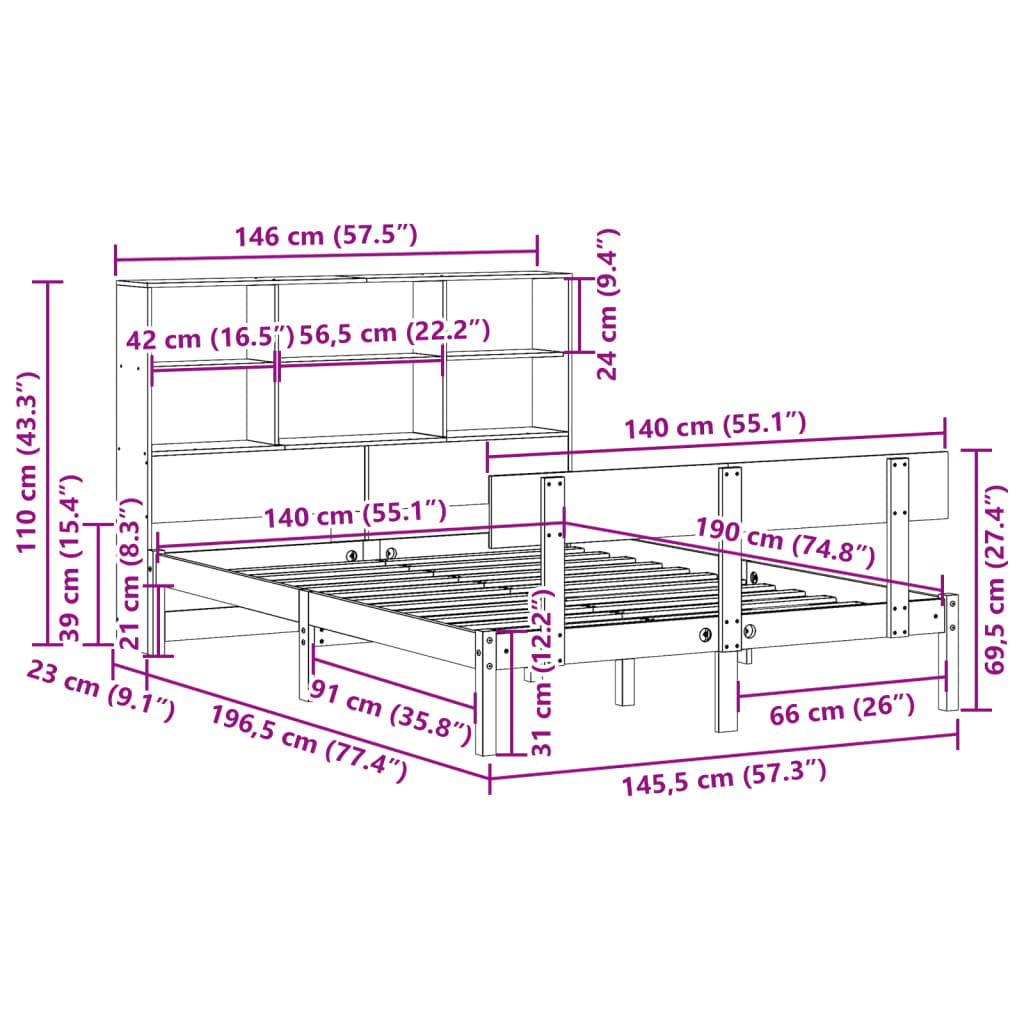 Krevet s regalom z knjige bez madraca bijeli 140x190cm borovina