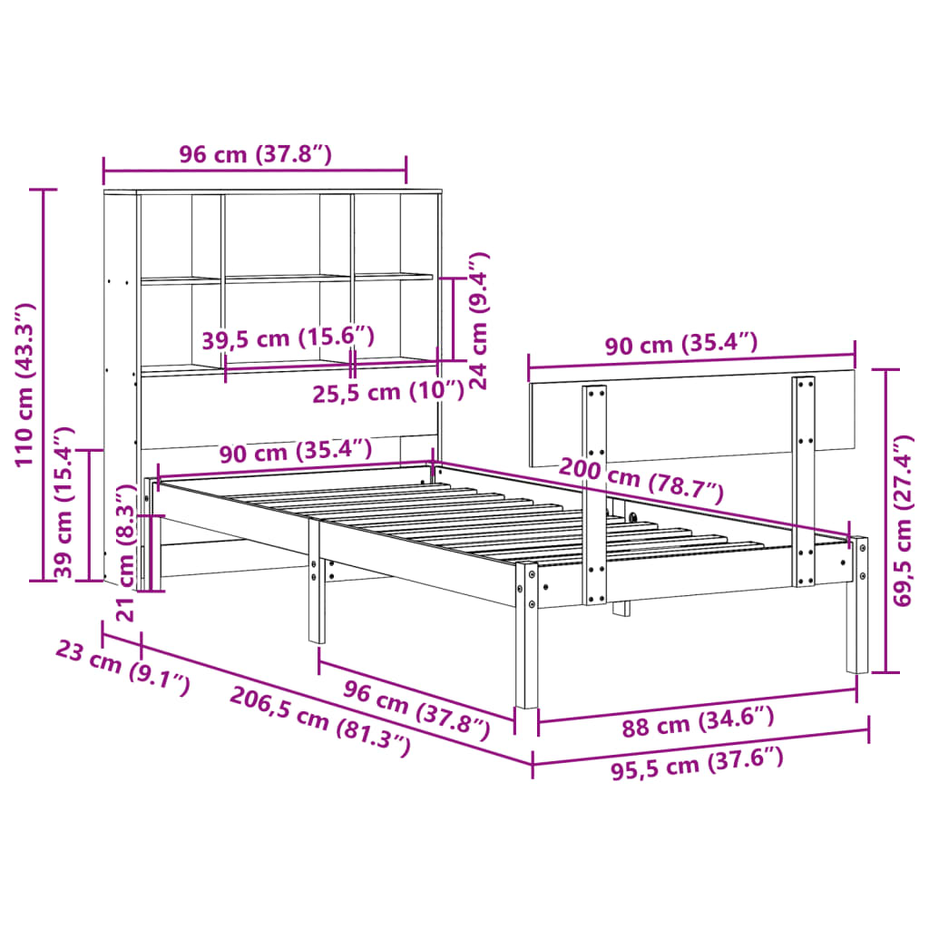 Krevet s regalom za knjige bez madraca 90x200 cm od borovine