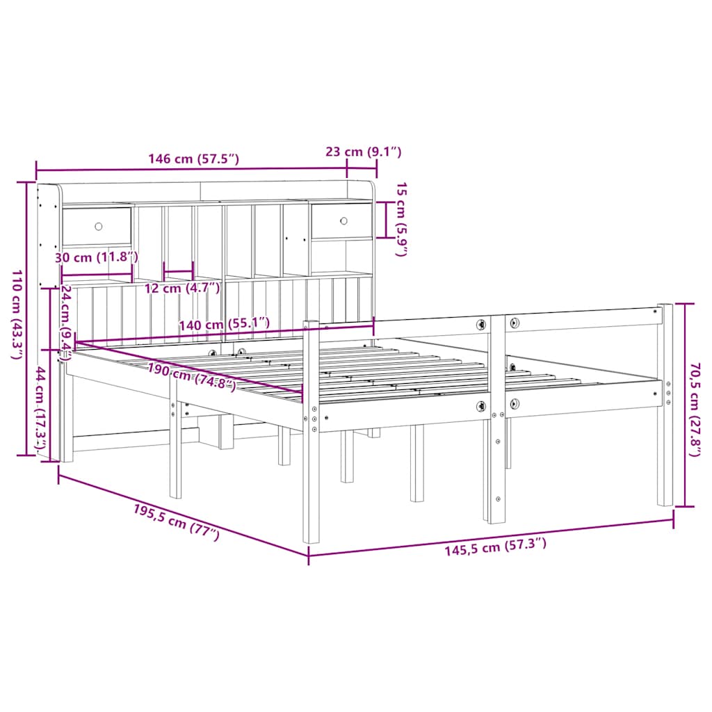 Krevet s regalom za knjige bez madraca 140x190 cm od borovine