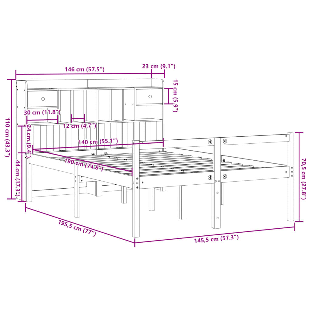 Krevet s regalom za knjige bez madraca 140 x 190 cm od borovine