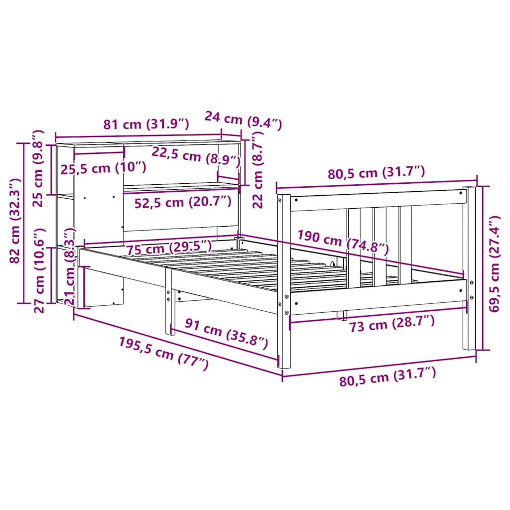 Krevet s regalom za knjige bez madraca 75x190 cm borovina