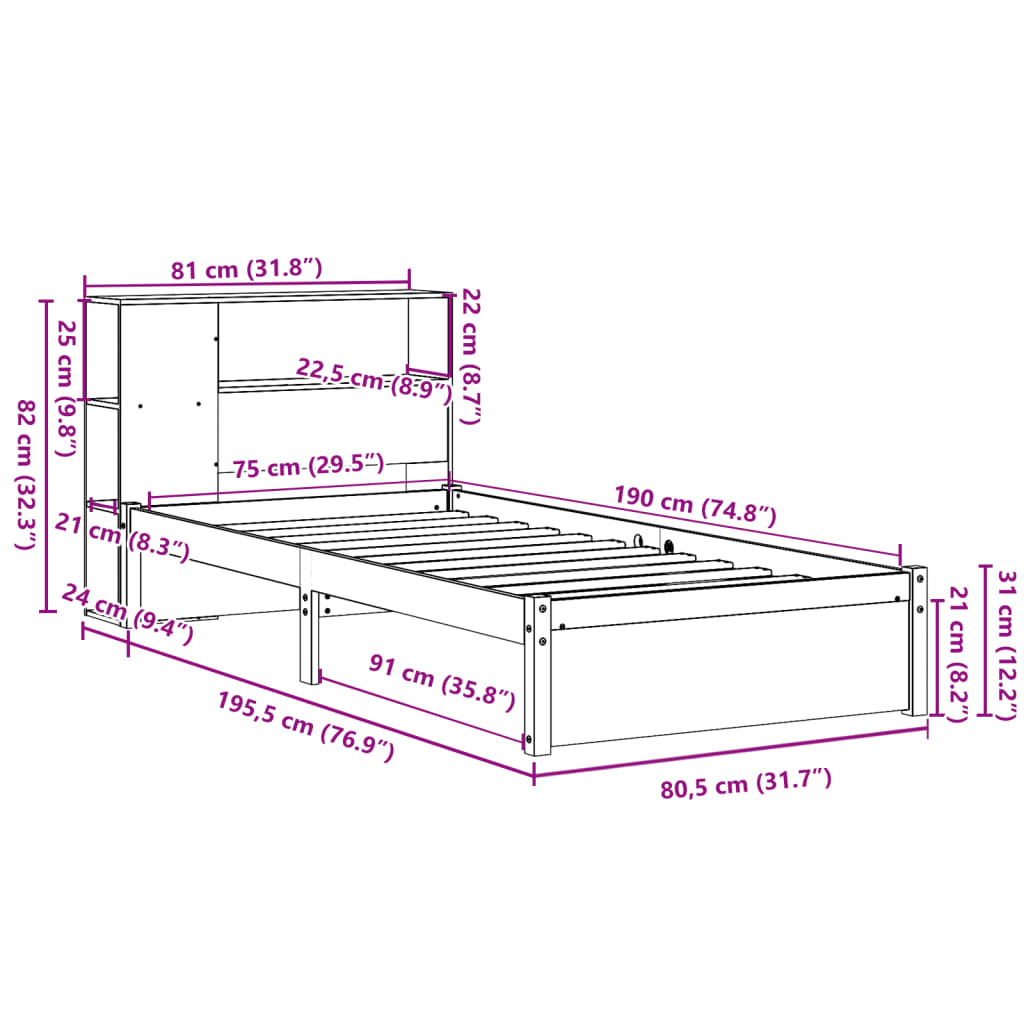 Krevet s regalom za knjige bez madraca 75x190 cm borovina