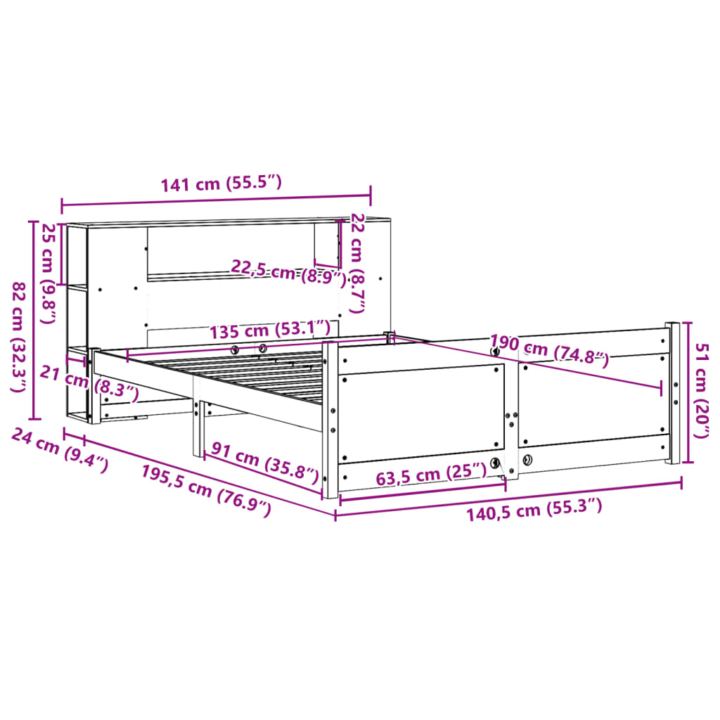 Krevet s regalom z knjige bez madraca bijeli 135x190cm borovina