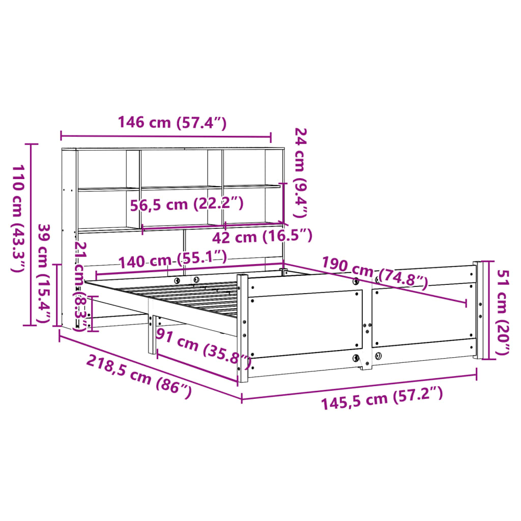 Krevet s regalom z knjige bez madraca bijeli 140x190cm borovina