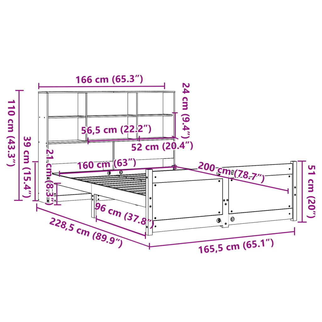 Krevet s regalom z knjige bez madraca bijeli 160x200cm borovina