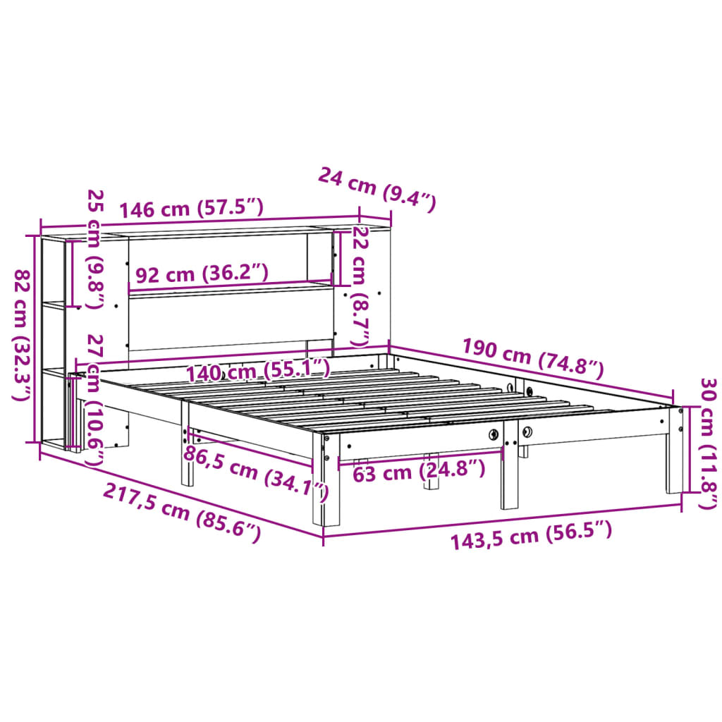 Krevet s regalom z knjige bez madraca bijeli 140x190cm borovina