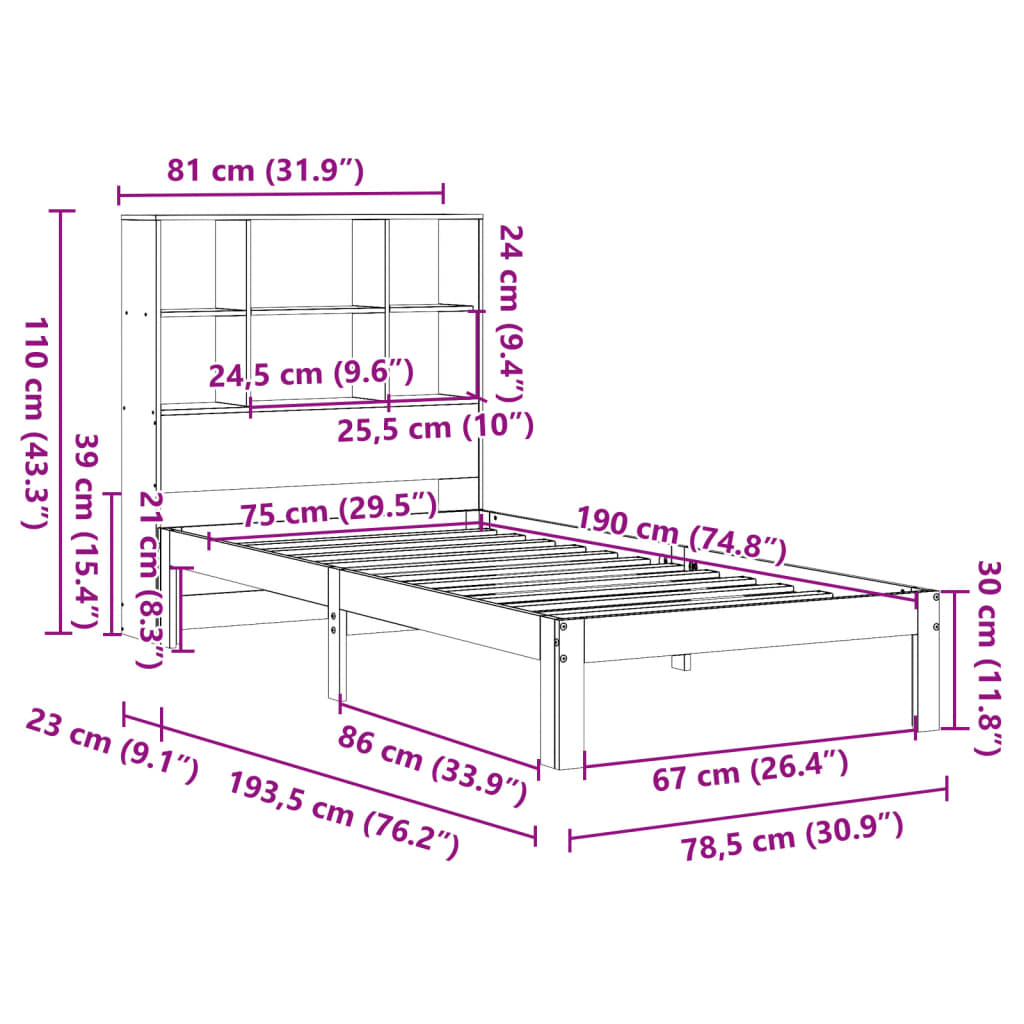 Krevet s regalom za knjige bez madraca 75 x 190 cm od borovine