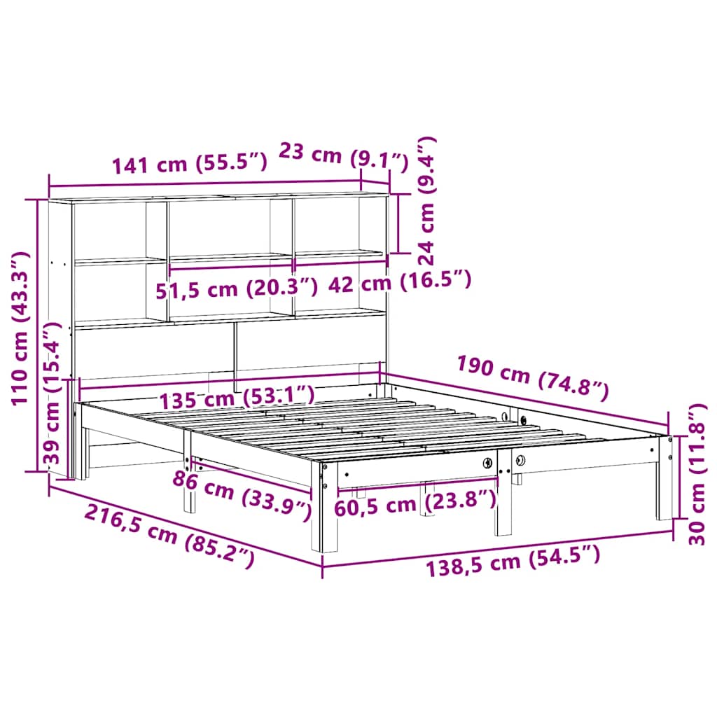 Krevet s regalom za knjige bez madraca 135 x 190 cm od borovine