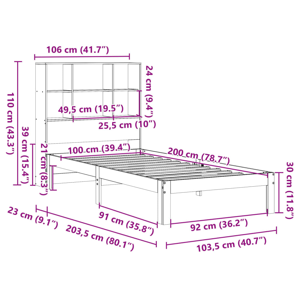 Krevet s regalom za knjige bez madraca 100 x 200 cm od borovine