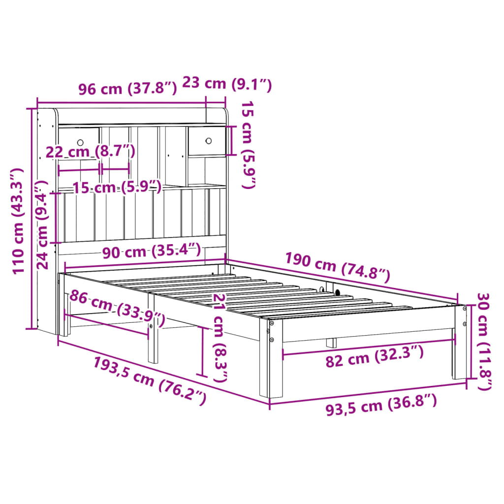 Krevet s regalom za knjige bez madraca 90x190 cm od borovine