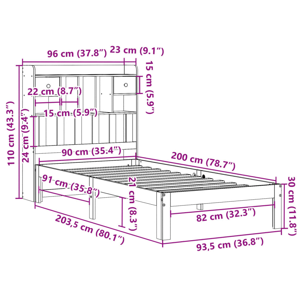 Krevet s regalom za knjige bez madraca bijeli 90x200cm borovina
