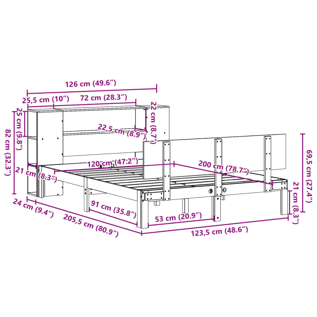 Krevet s regalom z knjige bez madraca bijeli 120x200cm borovina