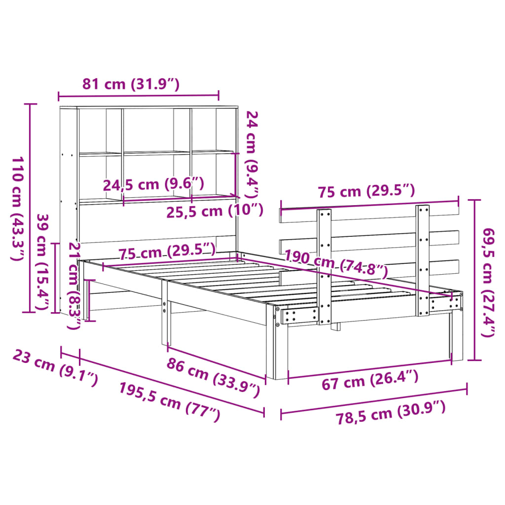 Krevet s regalom za knjige bez madraca 75 x 190 cm od borovine