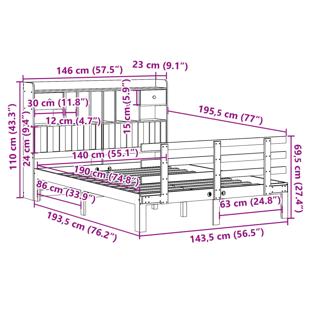 Krevet s regalom za knjige bez madraca 140 x 190 cm od borovine