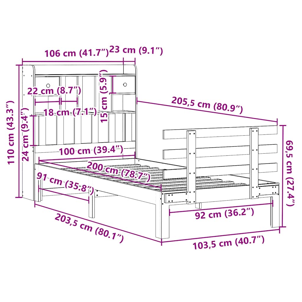 Krevet s regalom za knjige bez madraca 100 x 200 cm od borovine