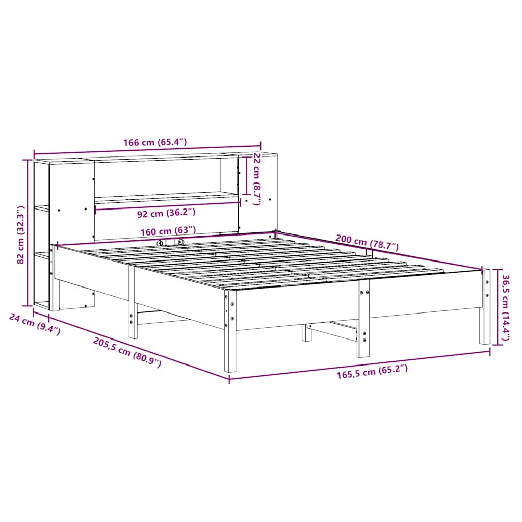 Krevet s regalom z knjige bez madraca bijeli 160x200cm borovina