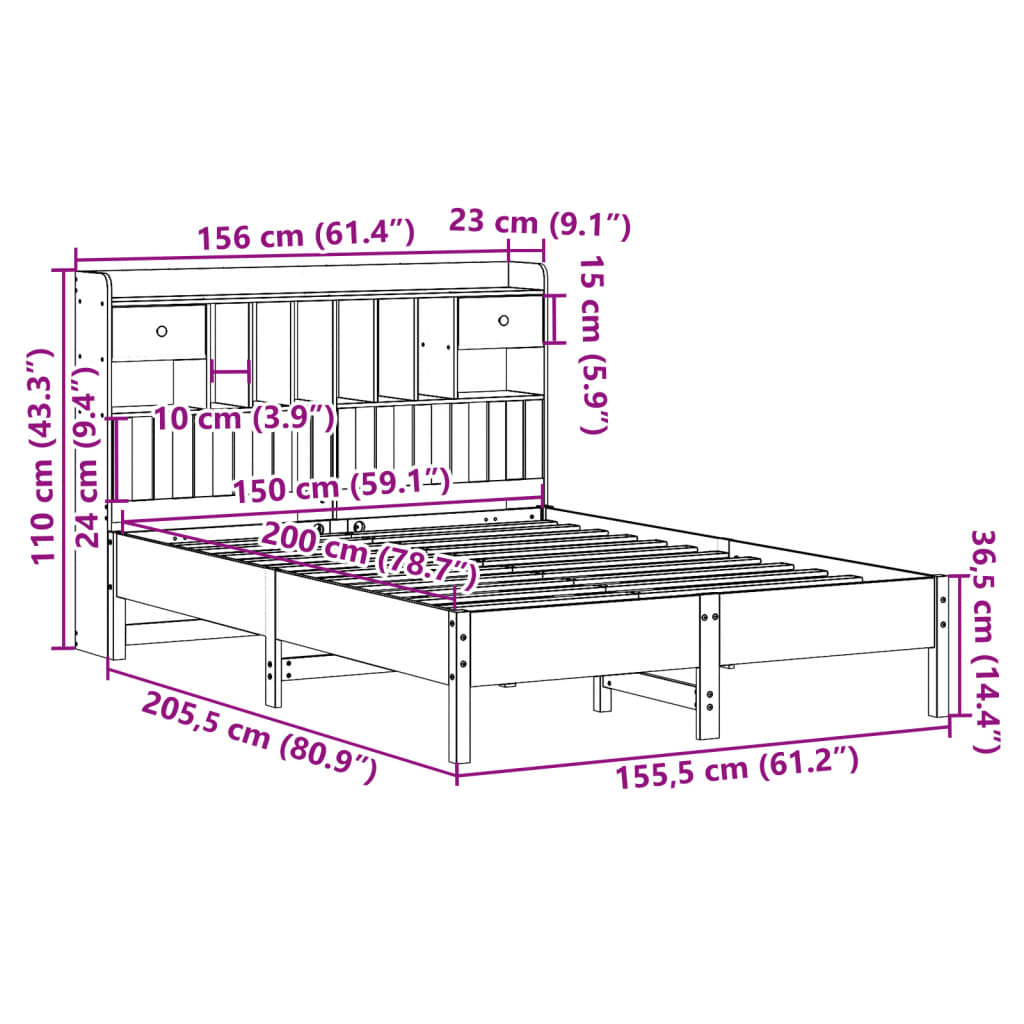 Krevet s regalom za knjige bez madraca 150x200 cm od borovine