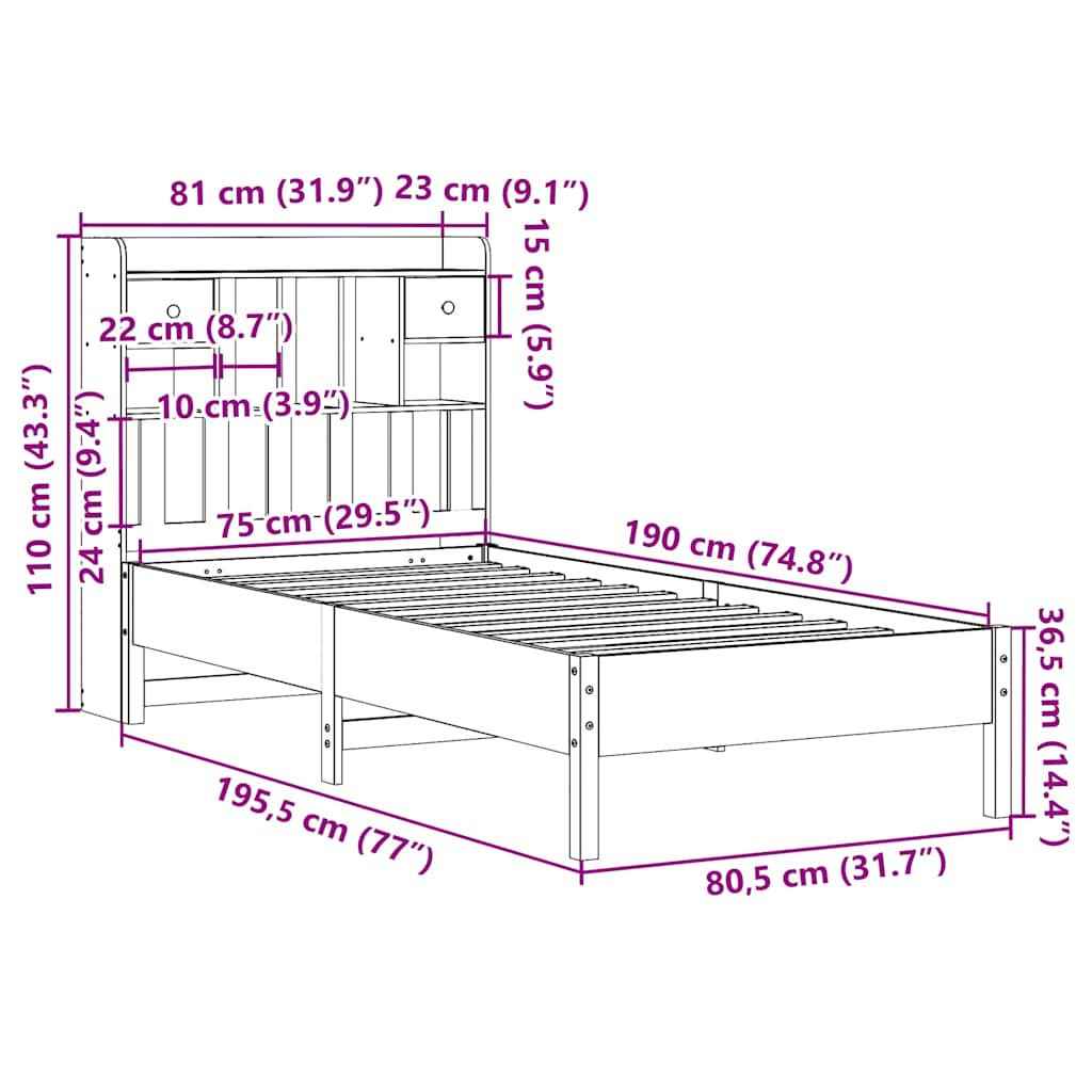 Krevet s regalom za knjige bez madraca bijeli 75x190cm borovina
