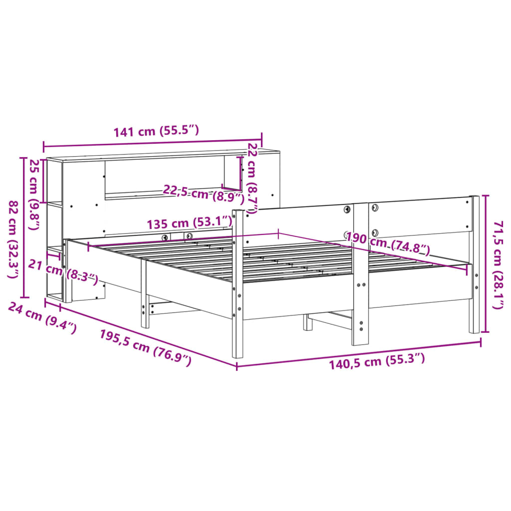 Krevet s regalom z knjige bez madraca bijeli 135x190cm borovina