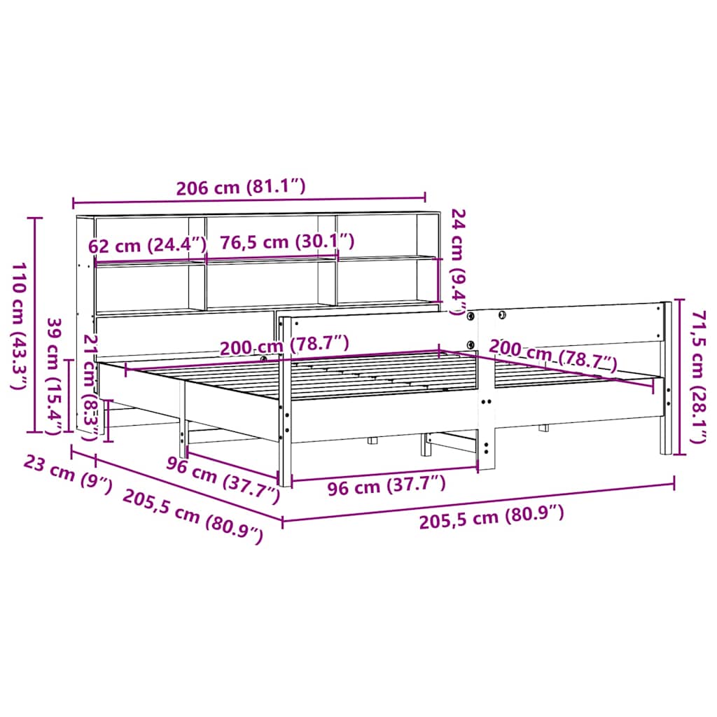 Krevet s regalom za knjige bez madraca 200x200 cm od borovine