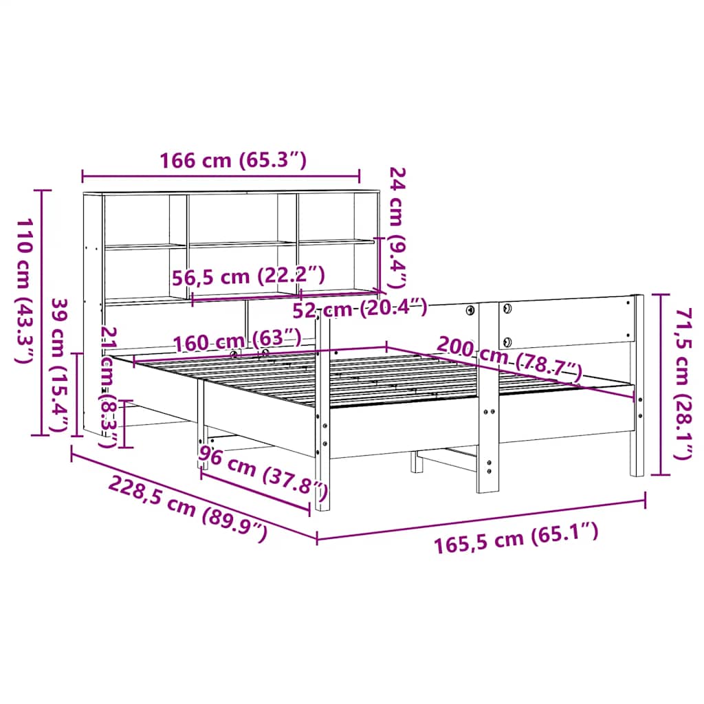 Krevet s regalom z knjige bez madraca bijeli 160x200cm borovina