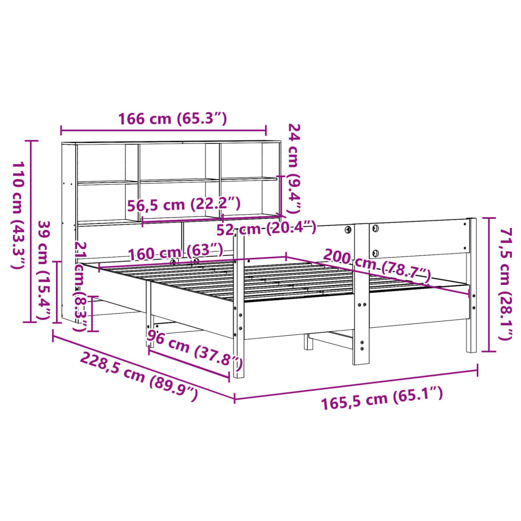 Krevet s regalom za knjige bez madraca 160x200 cm od borovine