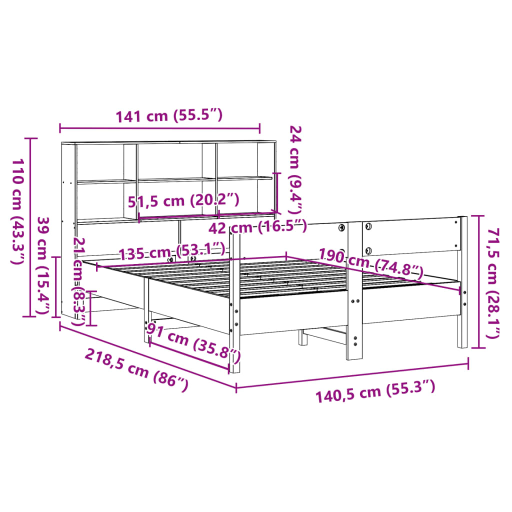 Krevet s regalom za knjige bez madraca 135 x 190 cm od borovine