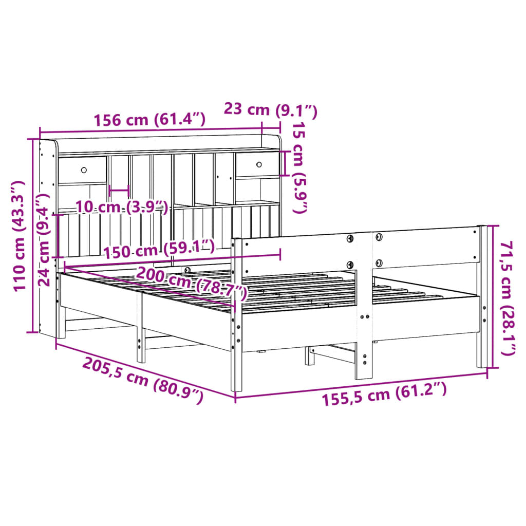 Krevet s regalom za knjige bez madraca 150x200 cm od borovine