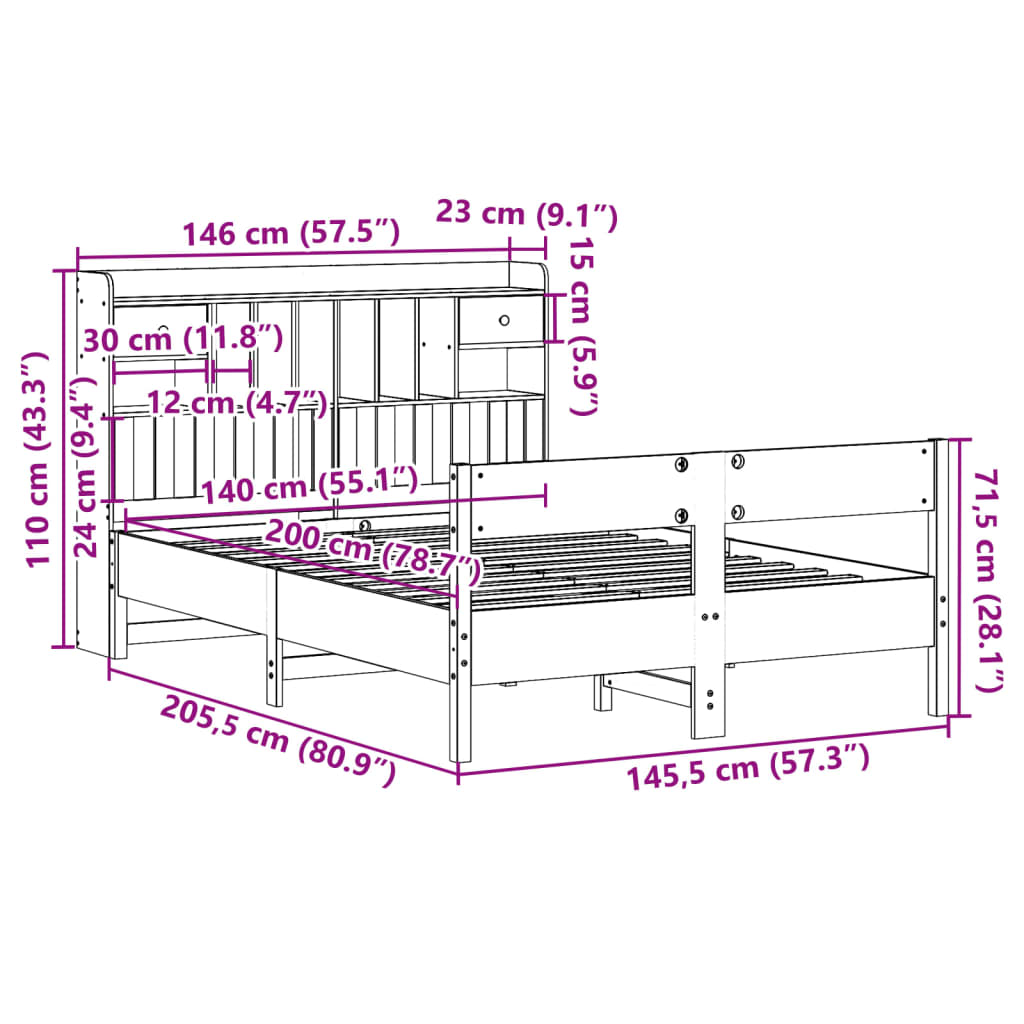 Krevet s regalom za knjige bez madraca 140x200 cm od borovine