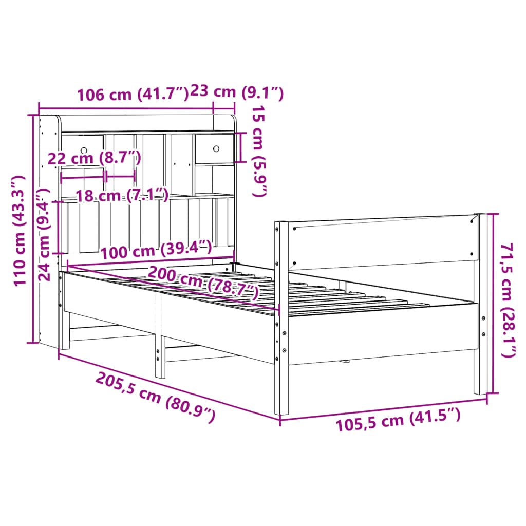 Krevet s regalom za knjige bez madraca 100 x 200 cm od borovine