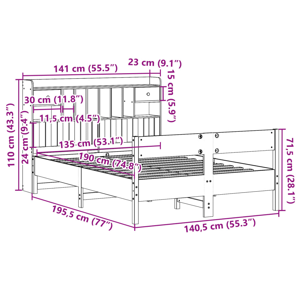 Krevet s regalom za knjige bez madraca 135 x 190 cm od borovine