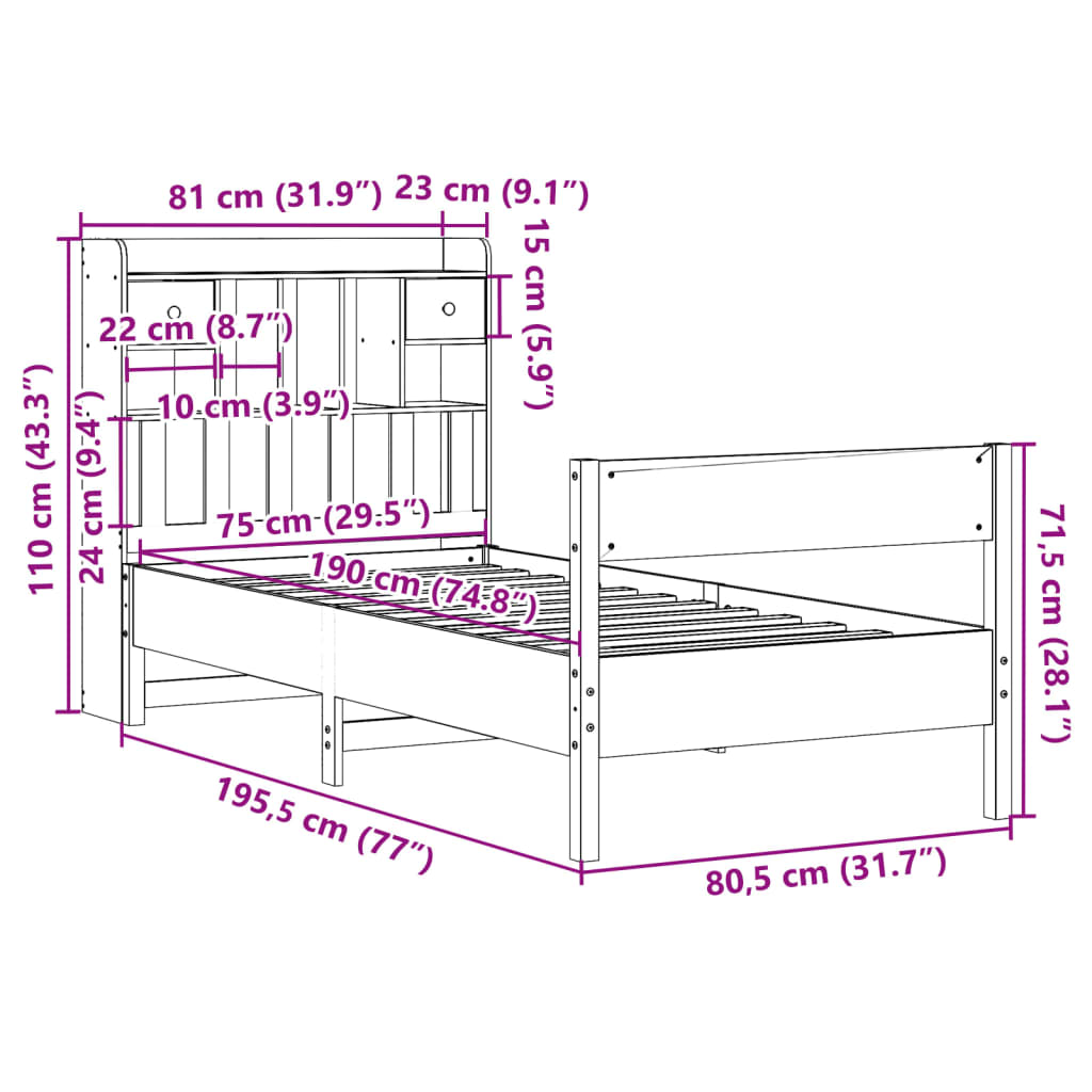 Krevet s regalom za knjige bez madraca bijeli 75x190cm borovina