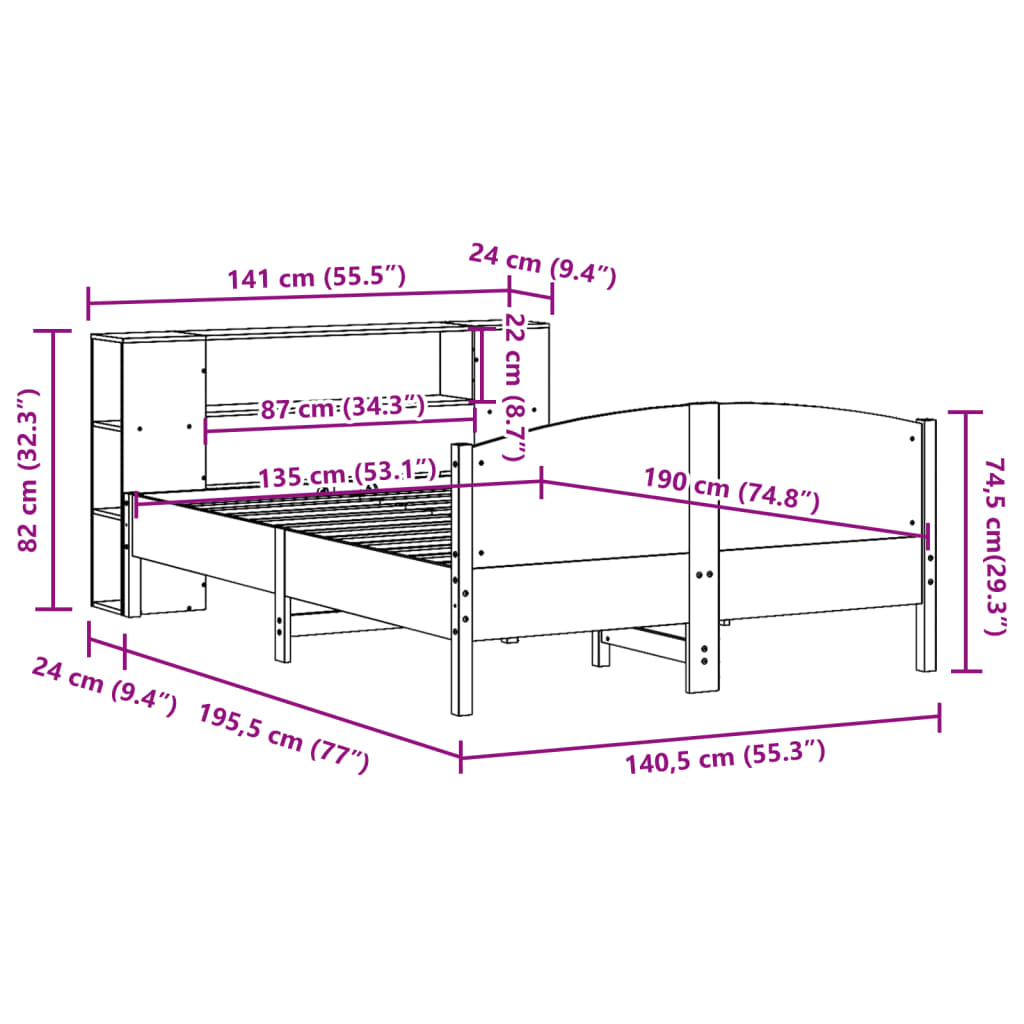 Krevet s regalom za knjige bez madraca 135x190 cm od borovine