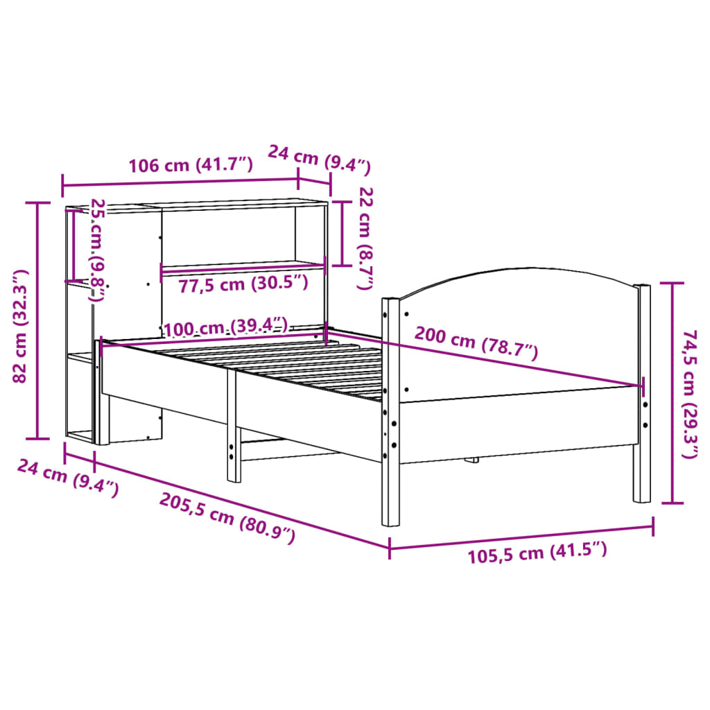 Krevet s regalom za knjige bez madraca 100 x 200 cm od borovine