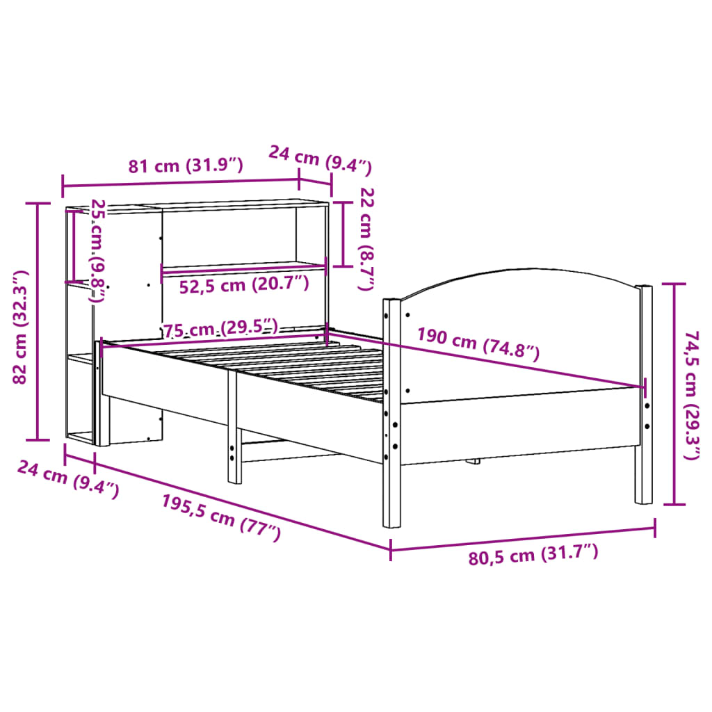 Krevet s regalom za knjige bez madraca 75x190 cm borovina