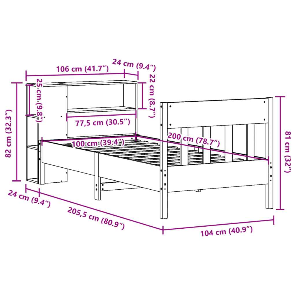 Krevet s regalom za knjige bez madraca 100 x 200 cm od borovine