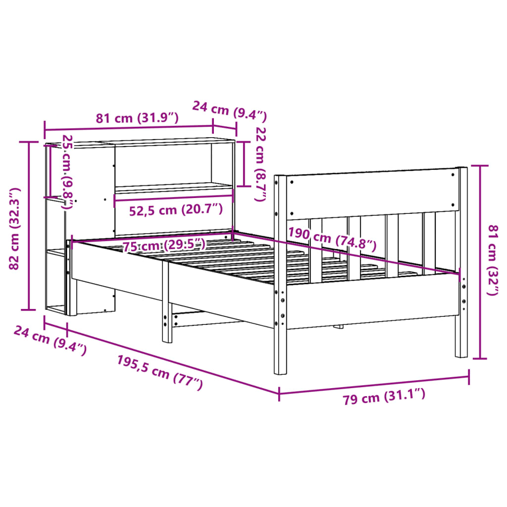 Krevet s regalom za knjige bez madraca 75 x 190 cm od borovine