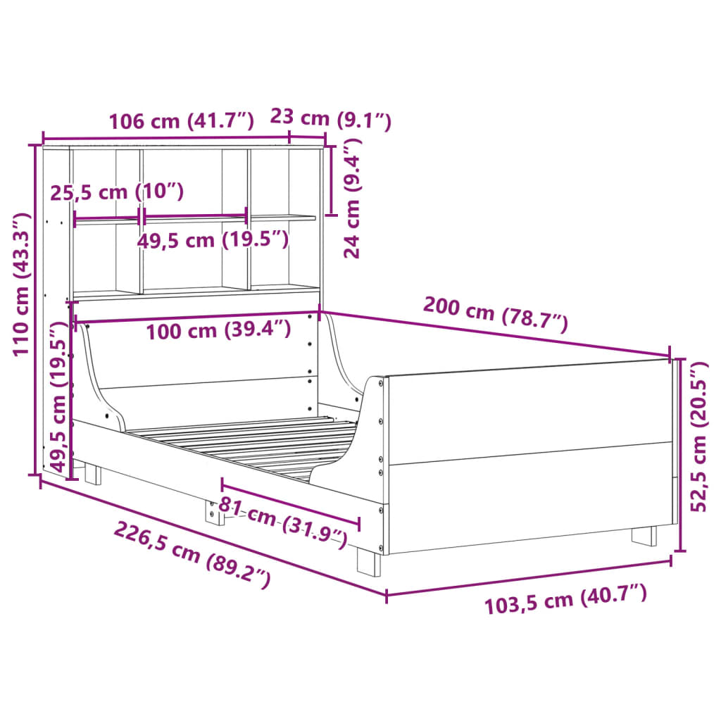 Krevet s regalom za knjige bez madraca 100x200 cm masivno drvo