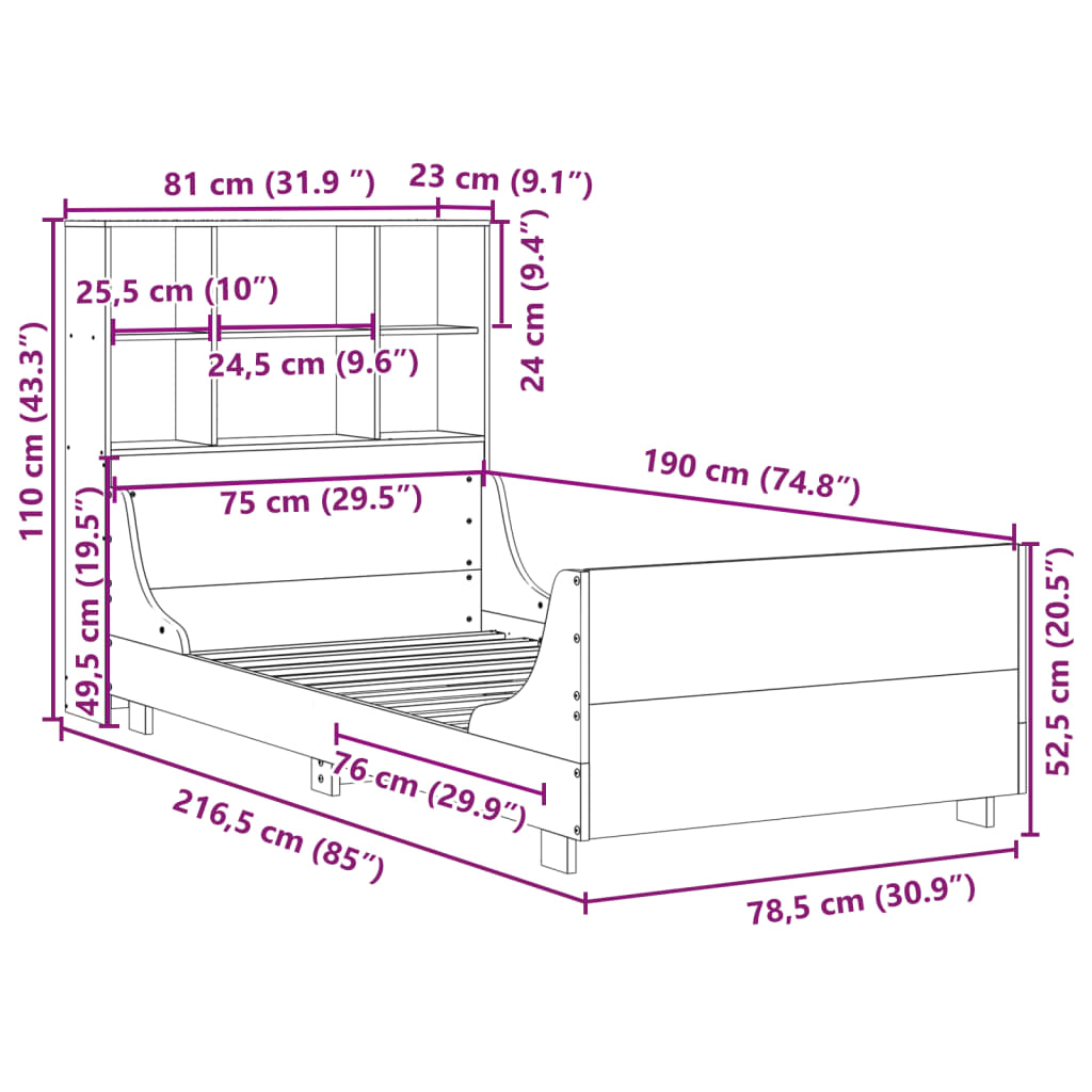 Krevet s regalom za knjige bez madraca 75 x 190 cm masivno drvo
