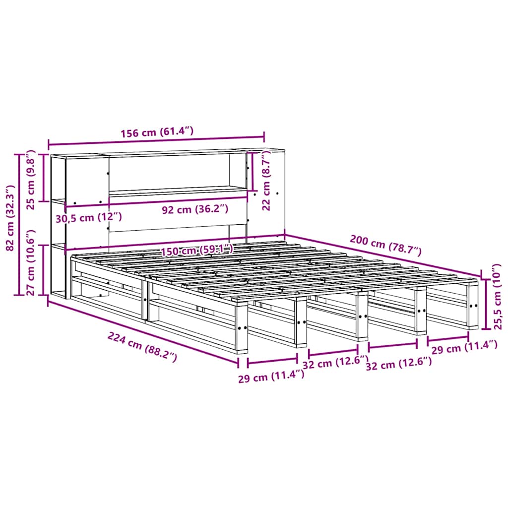 Krevet s regalom za knjige bez madraca bijeli 150x200cm od drva