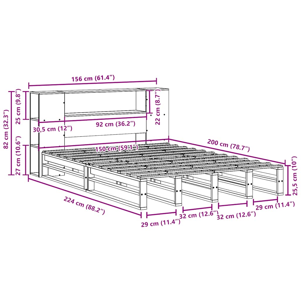 Krevet s regalom za knjige bez madraca 150x200 cm masivno drvo